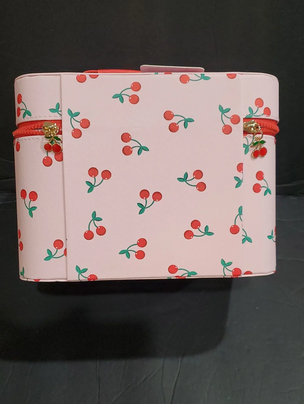 Cherry print pink makeup cosmetics large hard train case with cherry zip pull